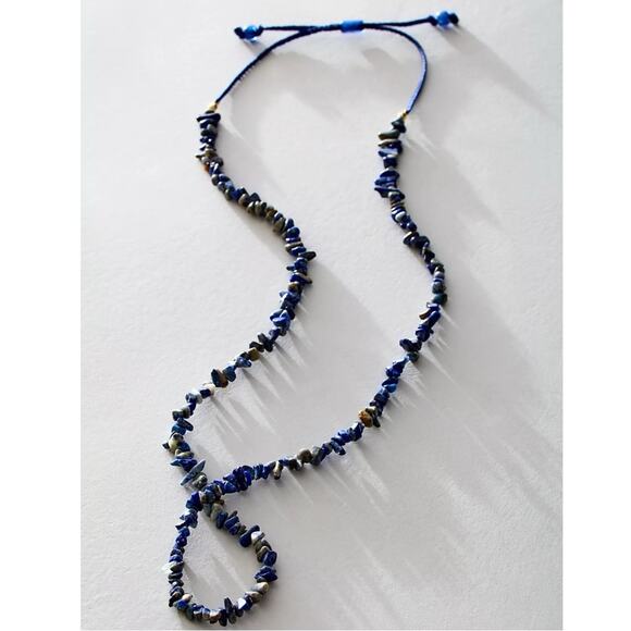Free People Bohemian Single Strand Crystal Chip Beaded Necklace Lapis Blue NWT - Picture 7 of 15